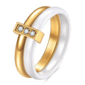 Ceramic women's ring with glossy stitching and zirconium accents in steel black or golden white, 6mm width