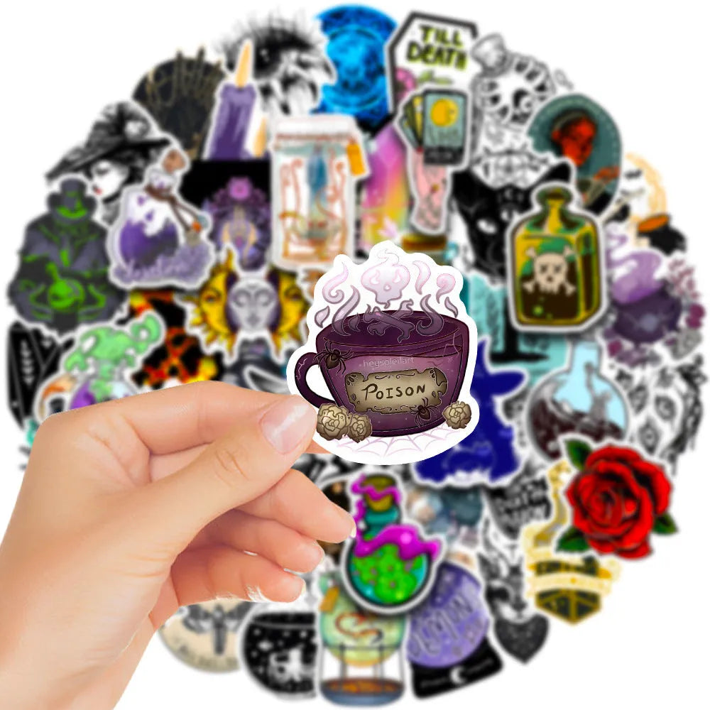 Assortment of 50 glossy waterproof PVC stickers in sizes from 3 to 8 centimetres.
