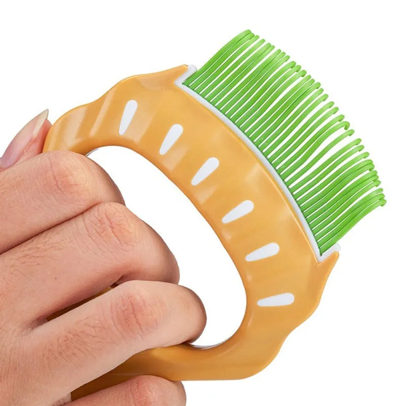 Green shell shaped plastic pet brush with bent wire bristles and an anti-slip handle