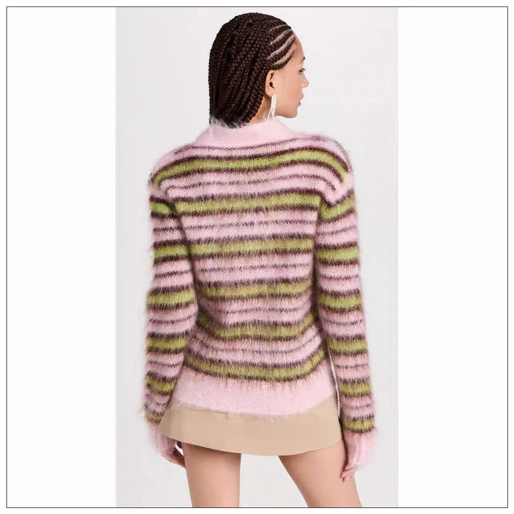 Pink haima wool lazy coat cardigan sweater with nap texture on a hanger