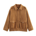 Suede texture pocket decoration spring autumn jacket in brown, long sleeve loose fit casual coat