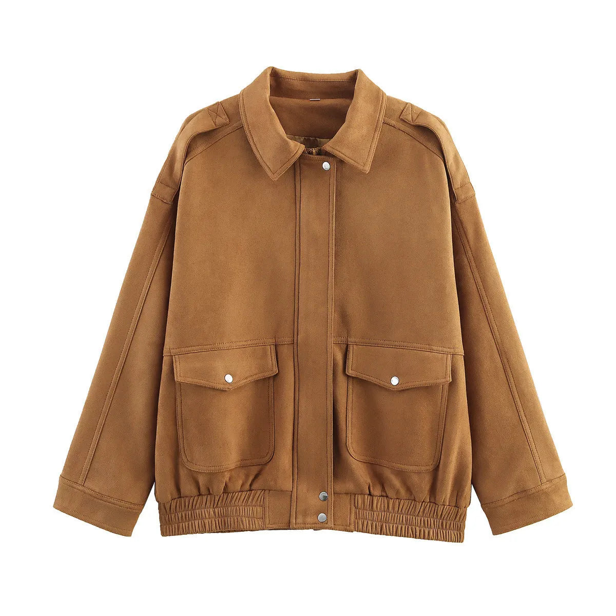 Suede texture pocket decoration spring autumn jacket in brown, long sleeve loose fit casual coat