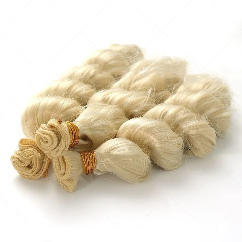 Golden synthetic hair weft wig for women shown in 18in, 20in, and 22in lengths.