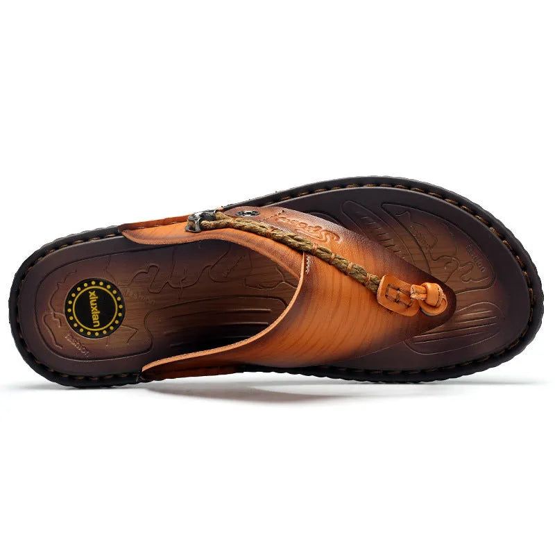 Men's herringbone patterned outdoor slippers in dark blue and khaki colours showing artificial PU upper and rubber sole