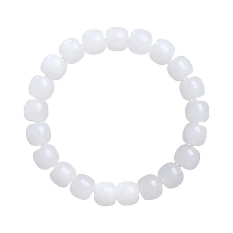 White Hetian jade barrel bead bracelet showing three size options: 5x6mm, 7x8mm, and 8x10mm beads.