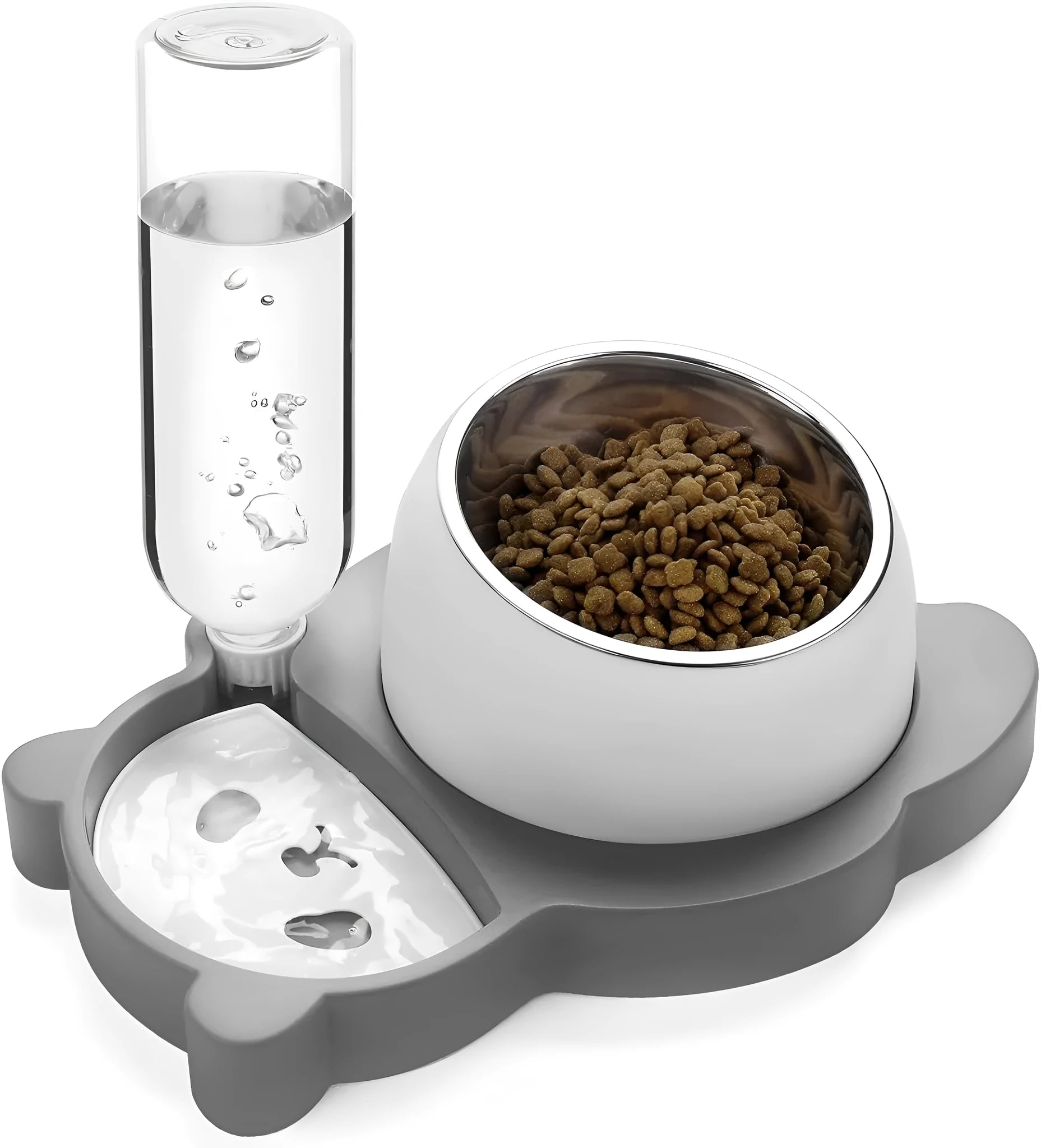 Panda-shaped pet feeder with tilted raised bowls and automatic water dispenser bottle