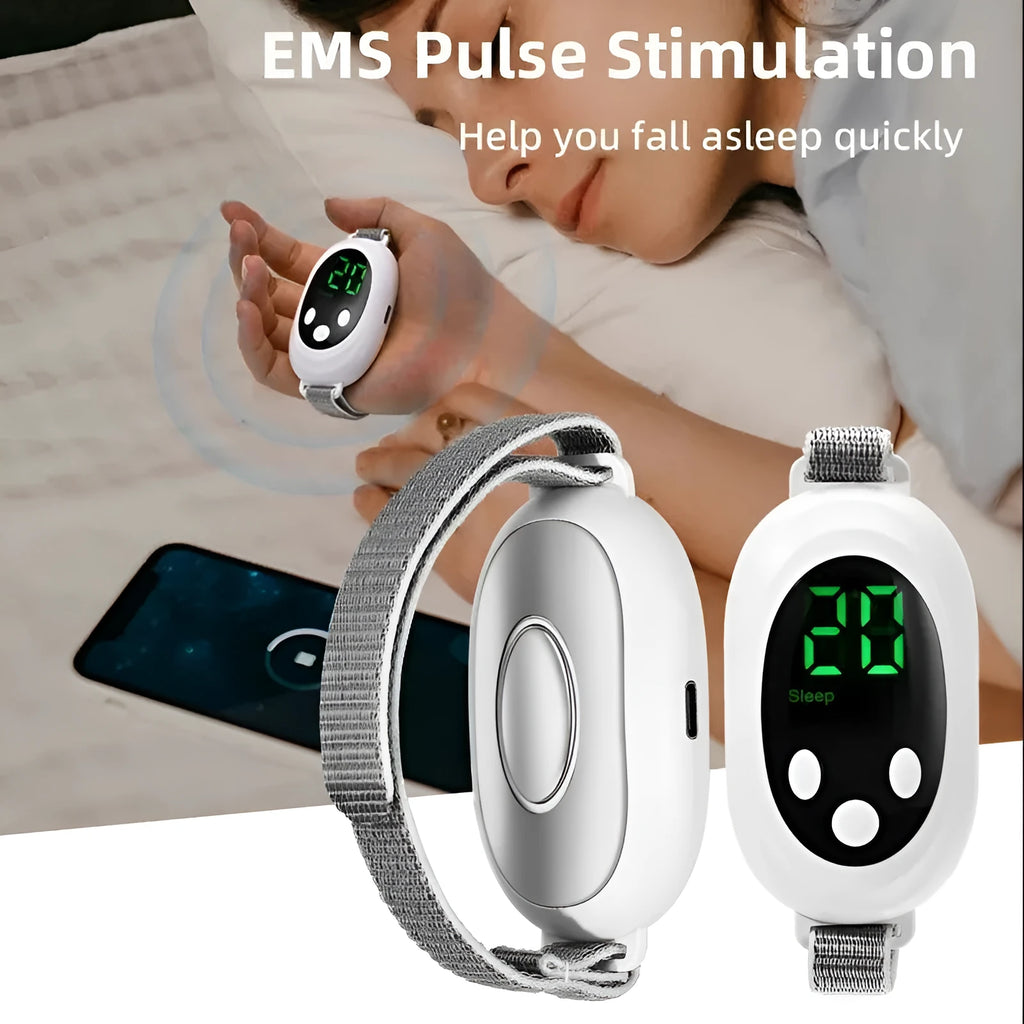 White handheld sleep aid device with remote control and wearable bracelet on charging cable