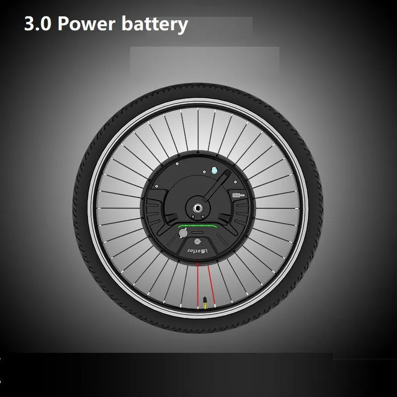 Yunzhilun electric bike conversion kit showing alloy hub motor wheel, lithium battery pack, and charger for 26-inch bicycles.