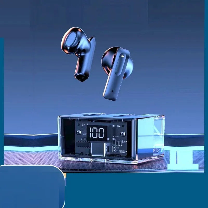 Transparent space capsule Bluetooth headset body with digital display and Jerry chip in black white blue green and peach