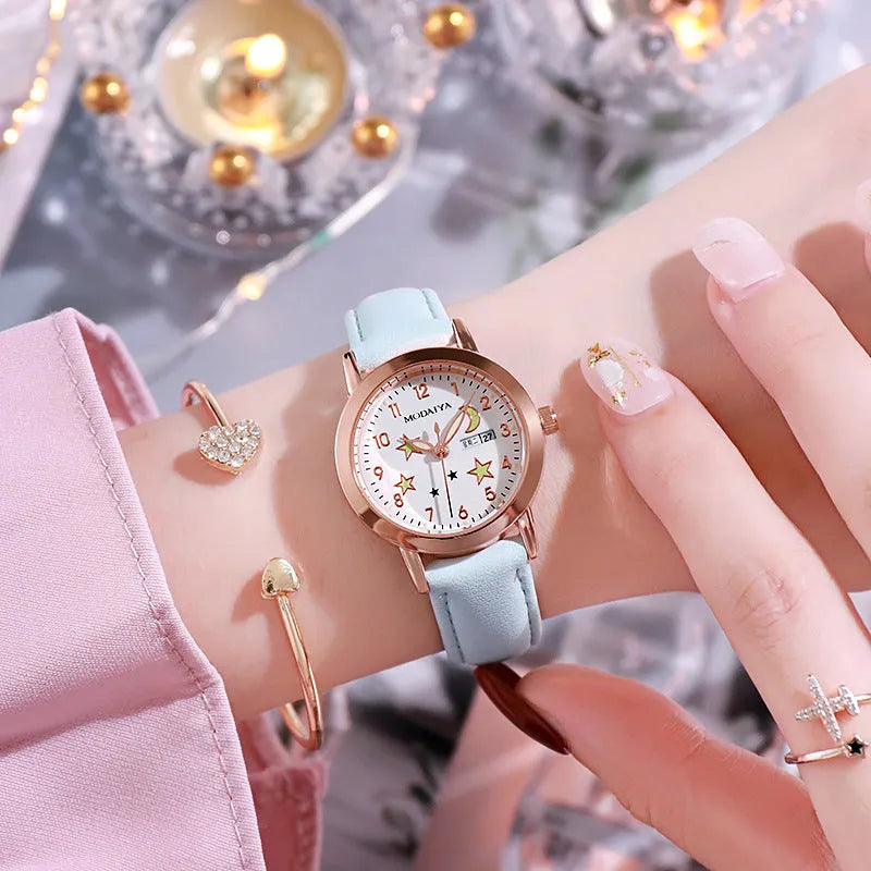 Women's quartz watch with double calendar luminous dial in pink colour
