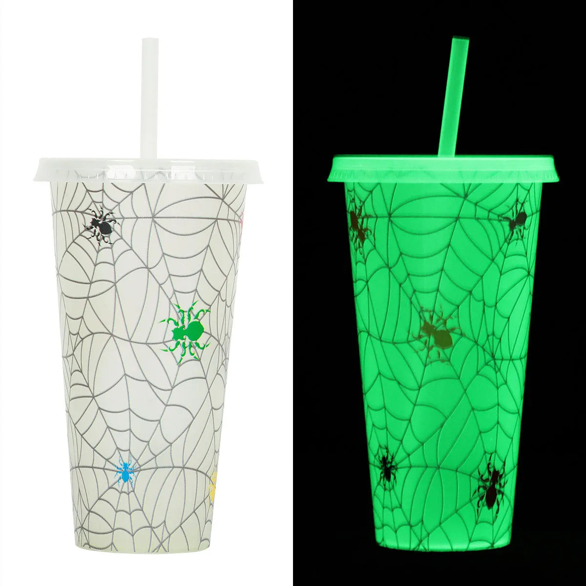 720ml plastic Halloween sippy cup with luminous straw showing cylindrical shape and six colour options