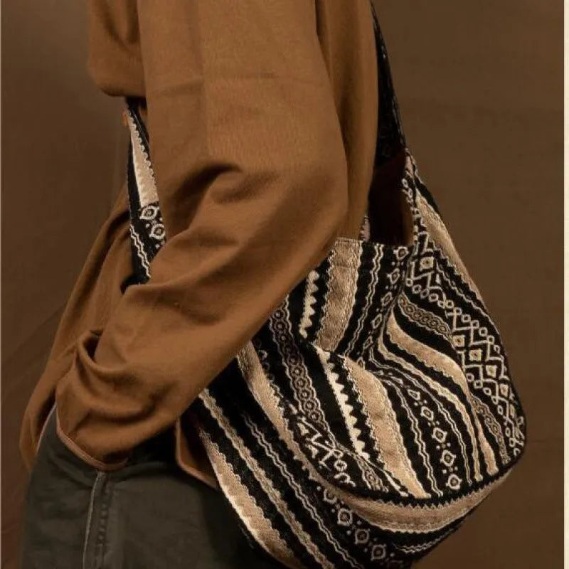 Vintage jacquard striped corduroy messenger bag with adjustable plaid strap and zippered closure
