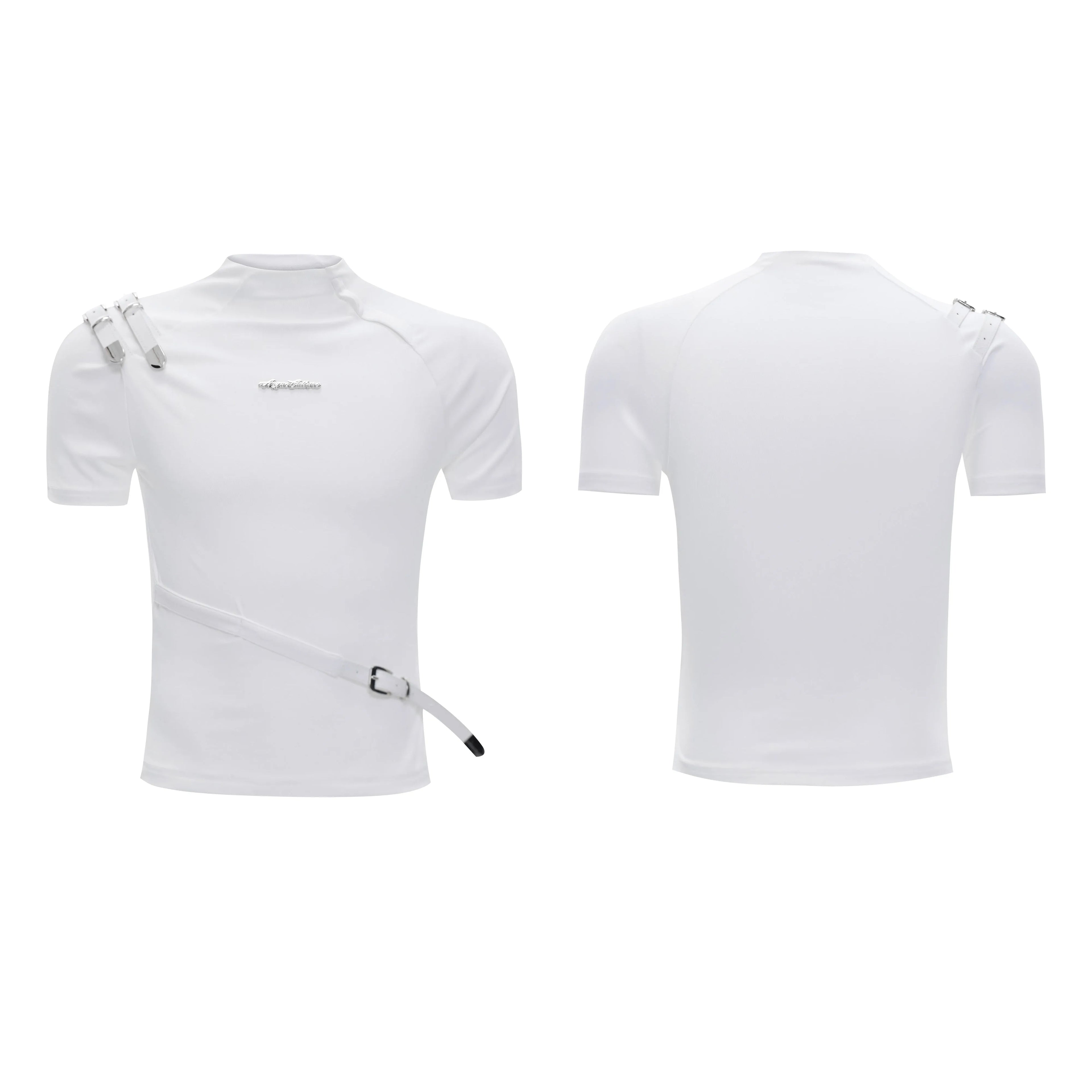 Men's black cotton short sleeve T-shirt with metal belt design and stand-up collar