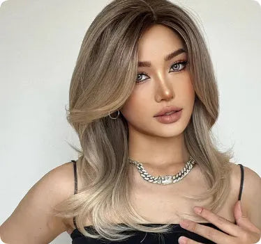Mid-length platinum gradient curly wig with long bangs in white gold colour