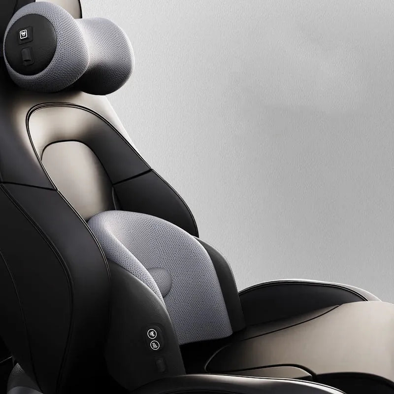 Memory cotton car seat massage cushion with electric vibration function for lumbar and headrest support.