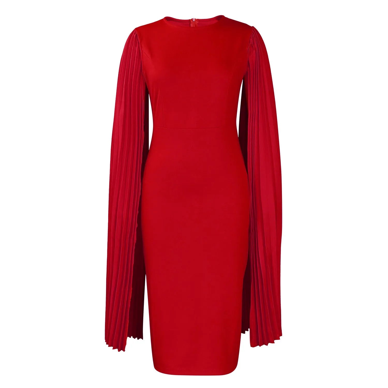 Long sleeve high waist evening gown with a round neck and pleated shawl detail.