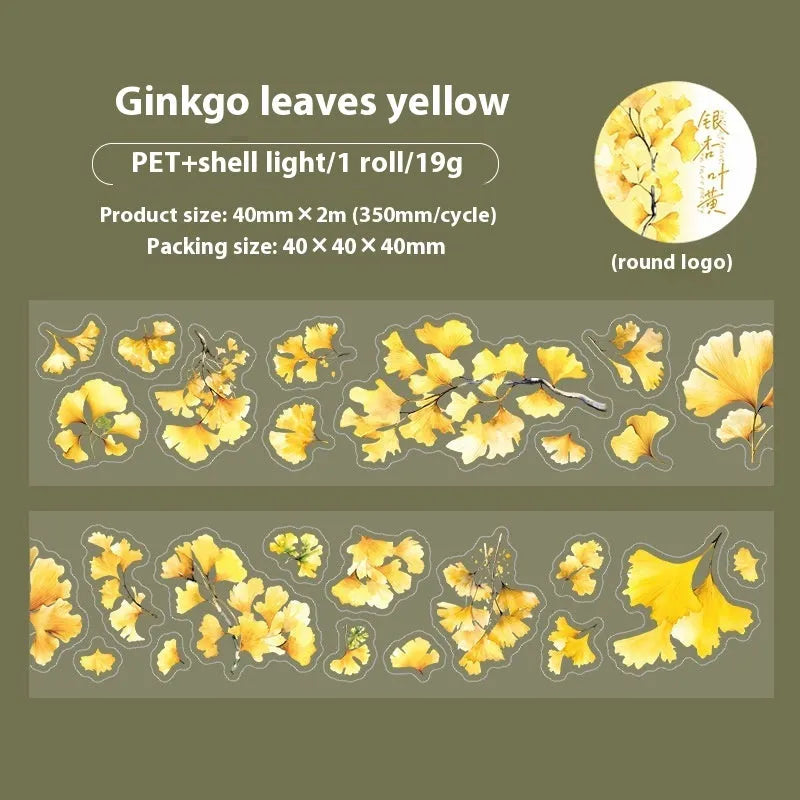 Roll of Deciduous Poetry Series decorative stickers showing autumn leaf patterns, 40mm wide.