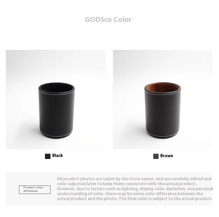 Round black leather pen holder showing cylindrical shape for desk organisation