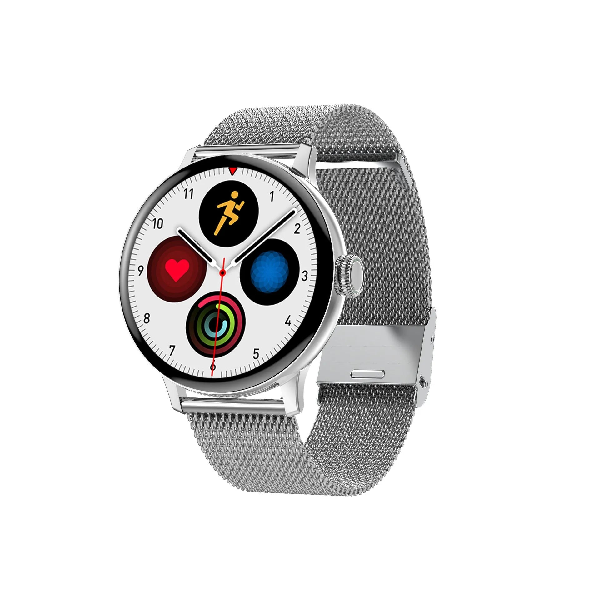 Gold smart bracelet with 42mm case on wrist, showing call screen and heart rate data.