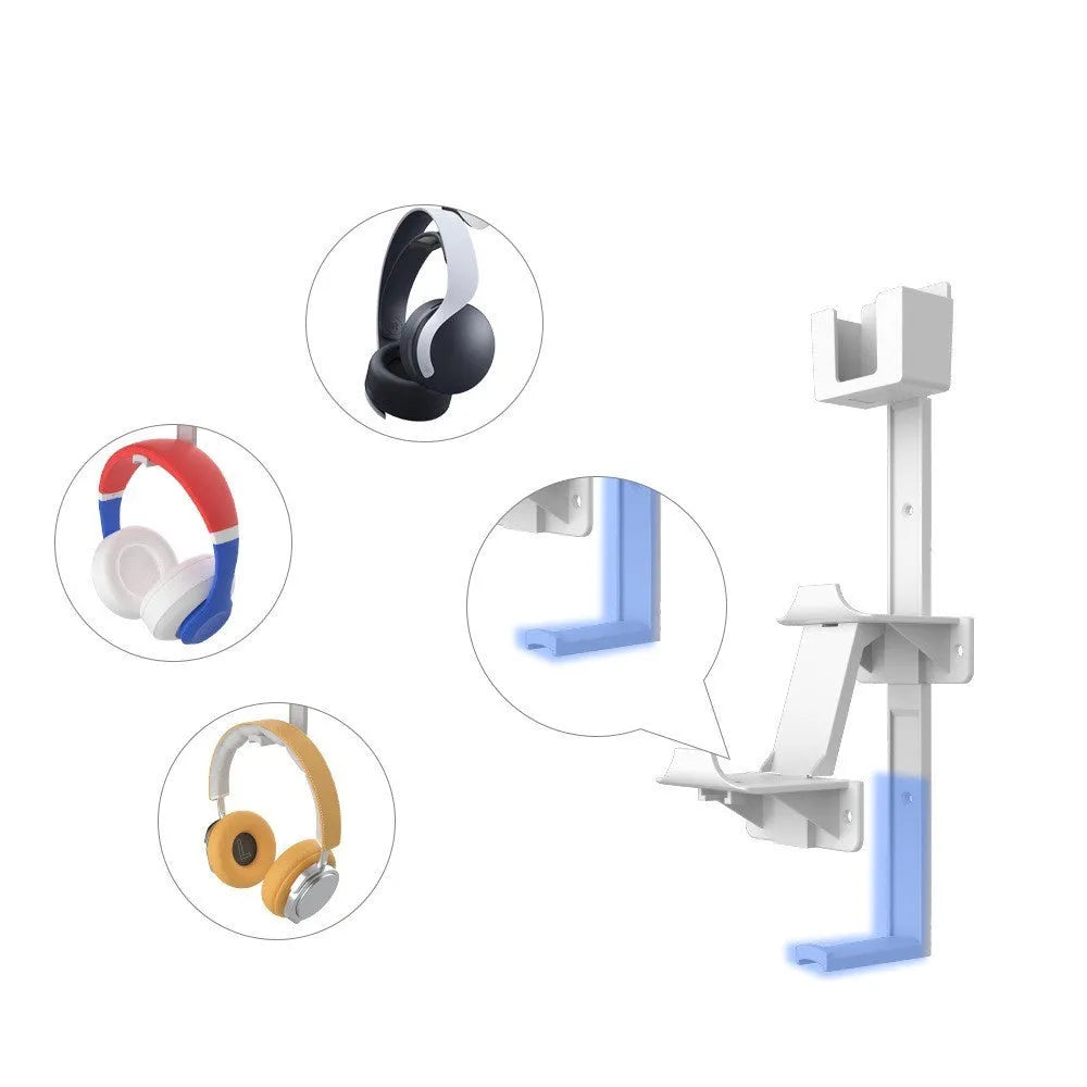 White ABS plastic wall-mounted hook holding a PlayStation game controller and headphones.