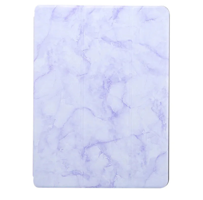 Tri-fold marbling imitation leather iPad case with a stylus pen slot in dark grey