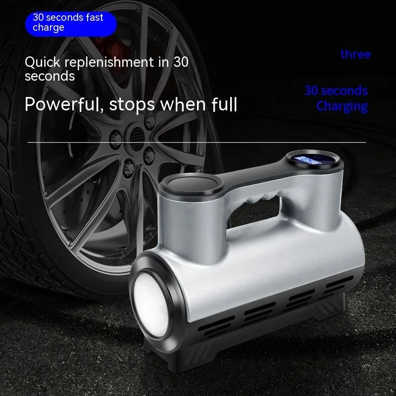 12V portable car tyre inflator pump with digital display, three air nozzles, and LED light on a black ABS body