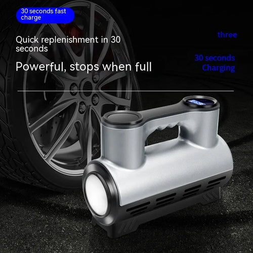 12V portable car tyre inflator pump with digital display, three air nozzles, and LED light on a black ABS body