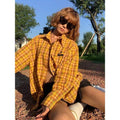 Dopamine yellow plaid shirt with loose-fit cardigan design in polyester blend fabric