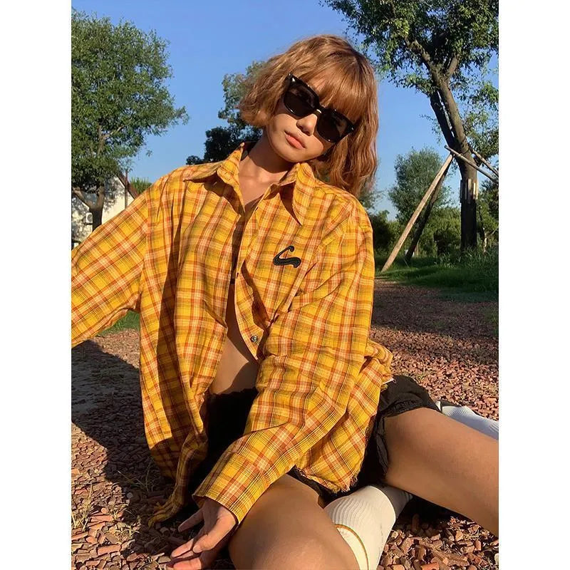 Dopamine yellow plaid shirt with loose-fit cardigan design in polyester blend fabric