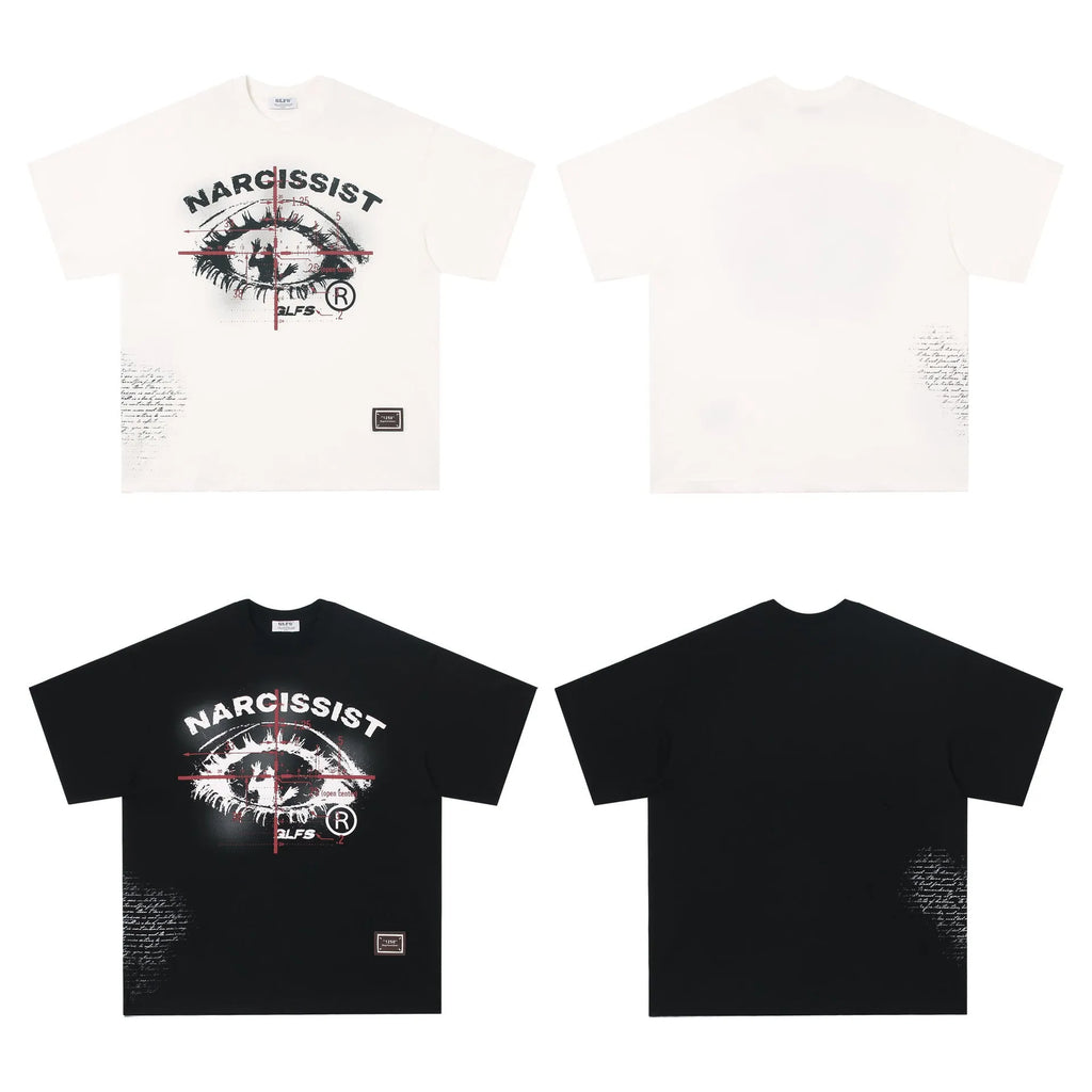 American Retro Hip Hop Gothic cotton T-shirt with bold letter pattern in black or white colour options