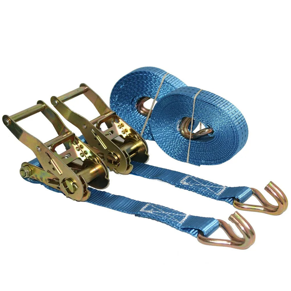 Steel ratchet tensioner hand tool with double triangle hooks and a grey polyester strap for cargo binding.
