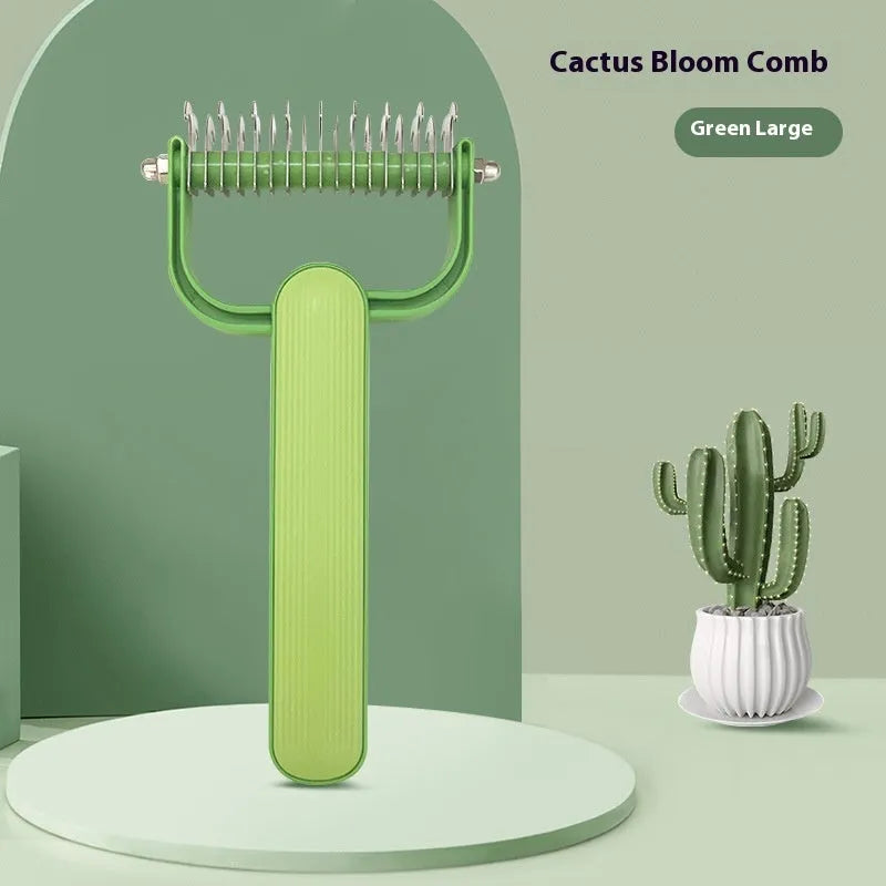 Dog grooming comb with stainless steel teeth and PP plastic handle in green or grey colour