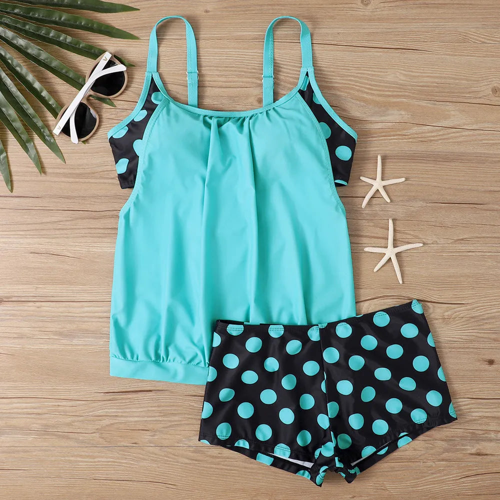 Women's polka dot boxer swimsuit with high waist conservative style in polyester fabric