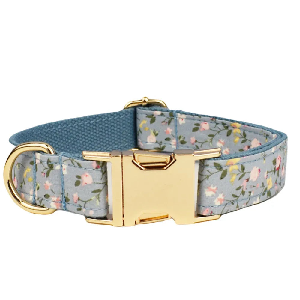Blue floral polyester cotton dog collar set with leash, vest, bow, and poop bag in sizes XS to XL