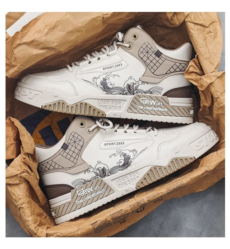 Men's beige high-top board shoes with rubber sole and lace-up front