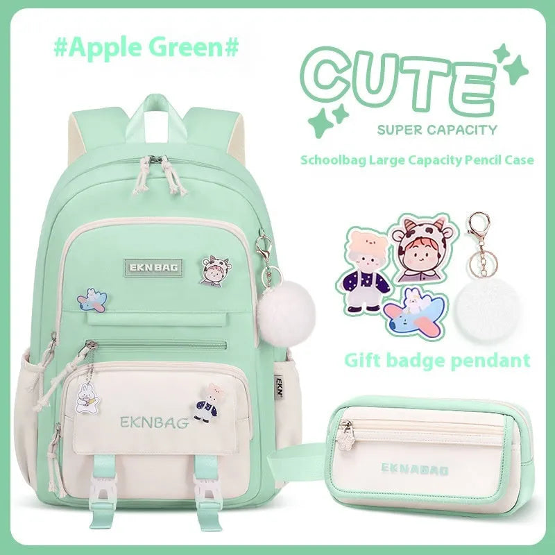 Girls waterproof Oxford cloth school backpack with curved straps and spine protection in solid colours for grade 5-6 students