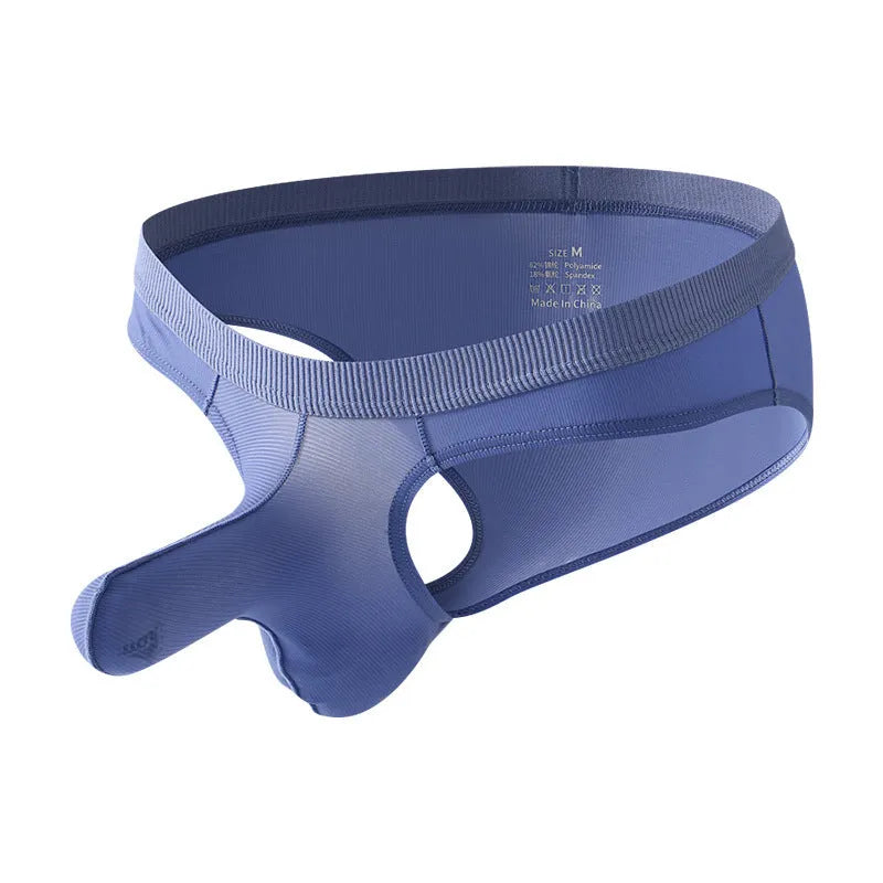 Men's low waist ice silk briefs in black, grey, light green, pink, and purplish blue colours.
