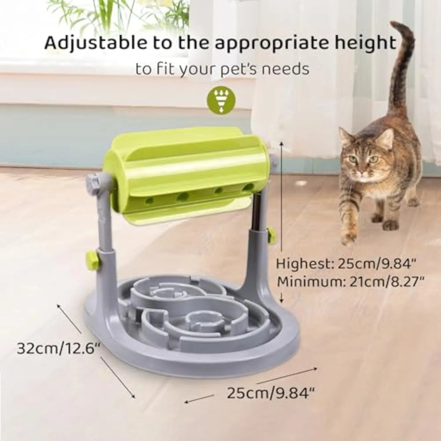 Adjustable height interactive pet food puzzle feeder for dogs and cats