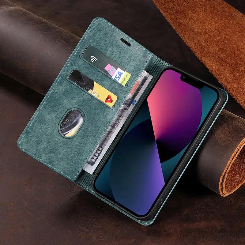 Magnetic leather and TPU flip phone case for iPhone shown in black, blue, and brown colours.