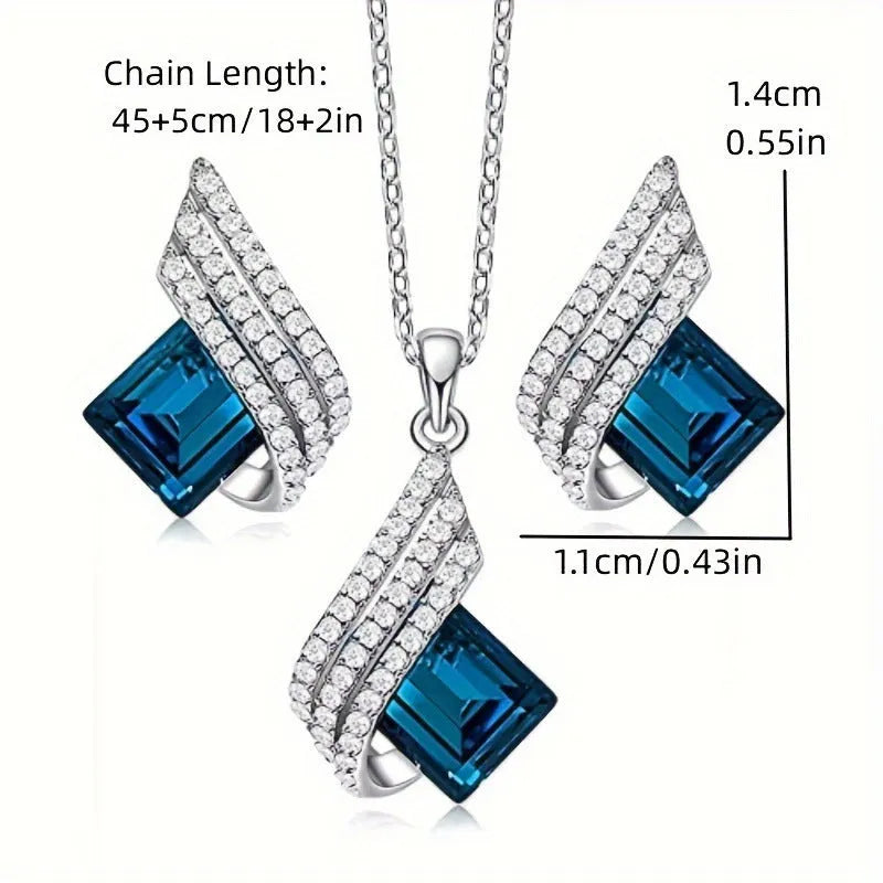 Women's necklace and earring set with glass pendant on cross chain, electroplated finish