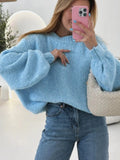 Blue round neck loose fit long sleeve pullover sweater for women