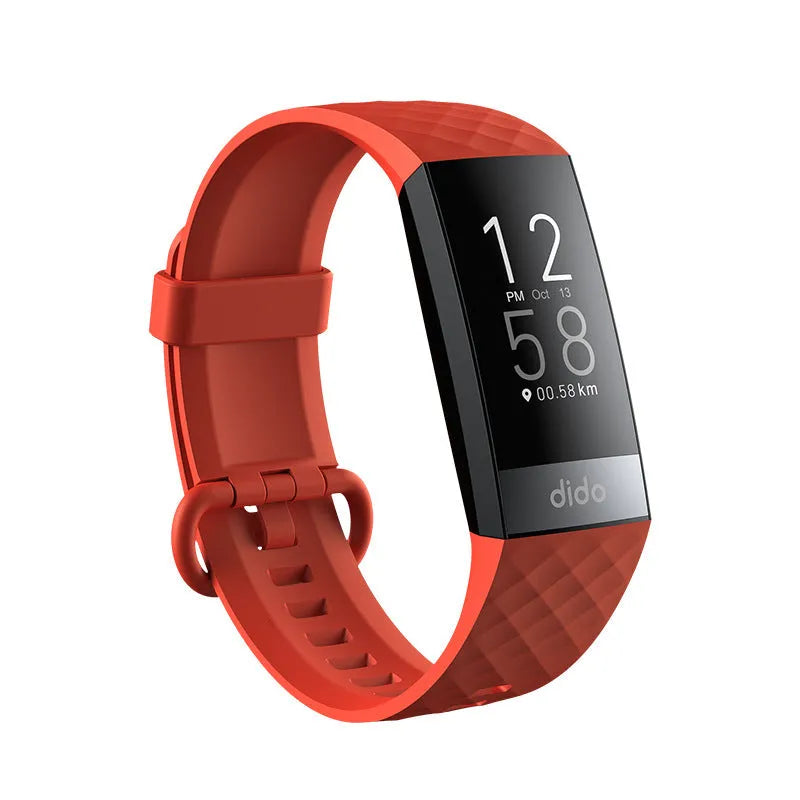 Black smart health bracelet with 1.1-inch display showing blood pressure and heart rate monitoring data