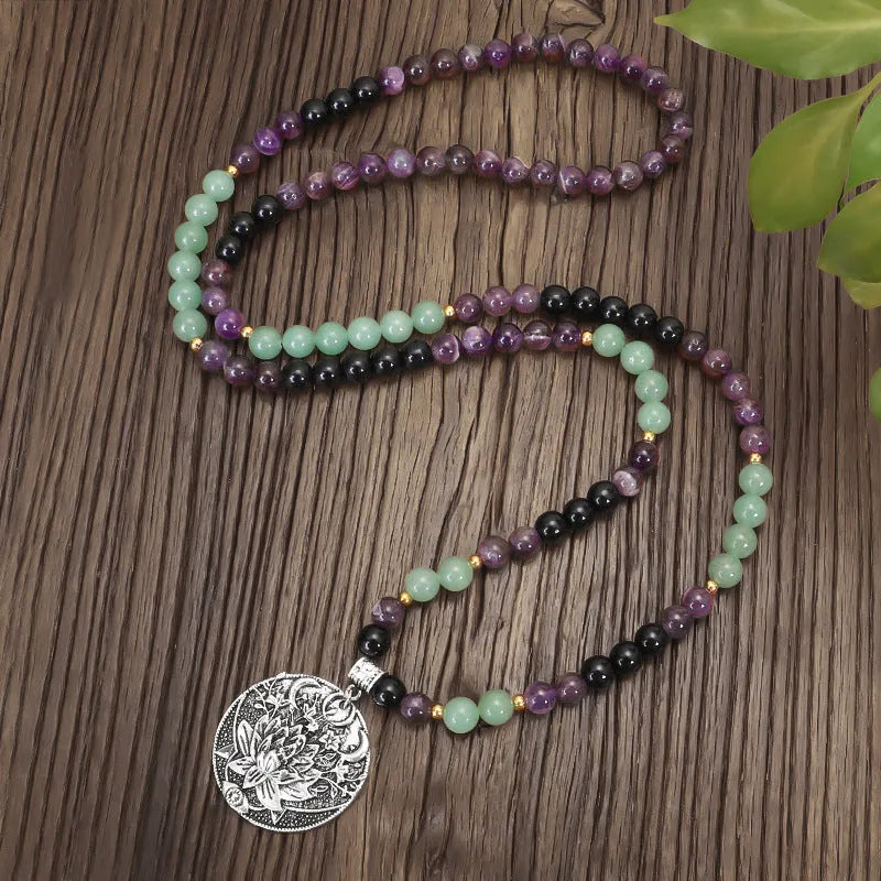 Dongling Long handmade stone bead yoga necklace with geometric lotus pendant and matching bracelet