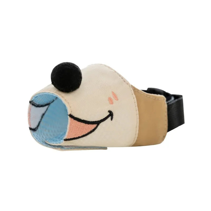 Canvas dog muzzle mouth cover in Ollie Brown Bear design showing size comparison for dogs 3kg to 50kg