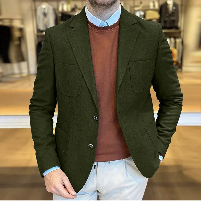 Men's loose-fit cotton retro suit jacket in army green on a hanger