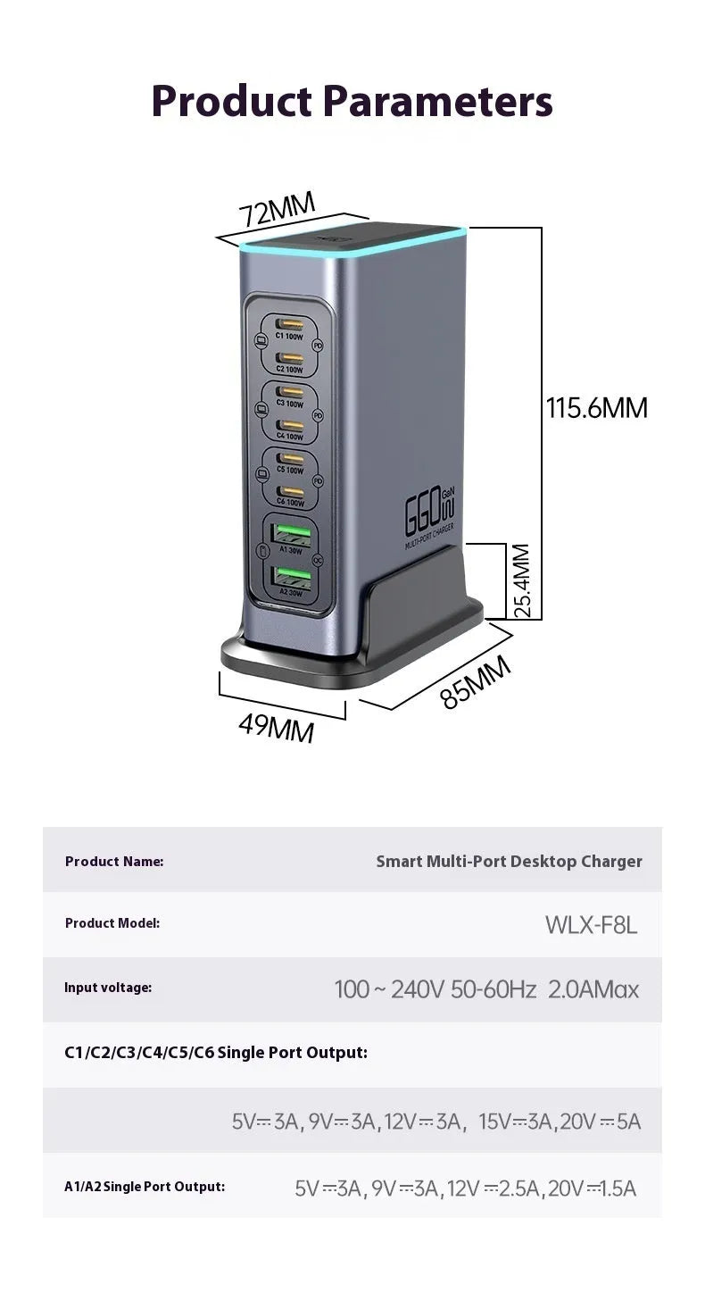 660W Gallium Nitride multi-port desktop fast charger with UK, US, EU, and AU plug heads