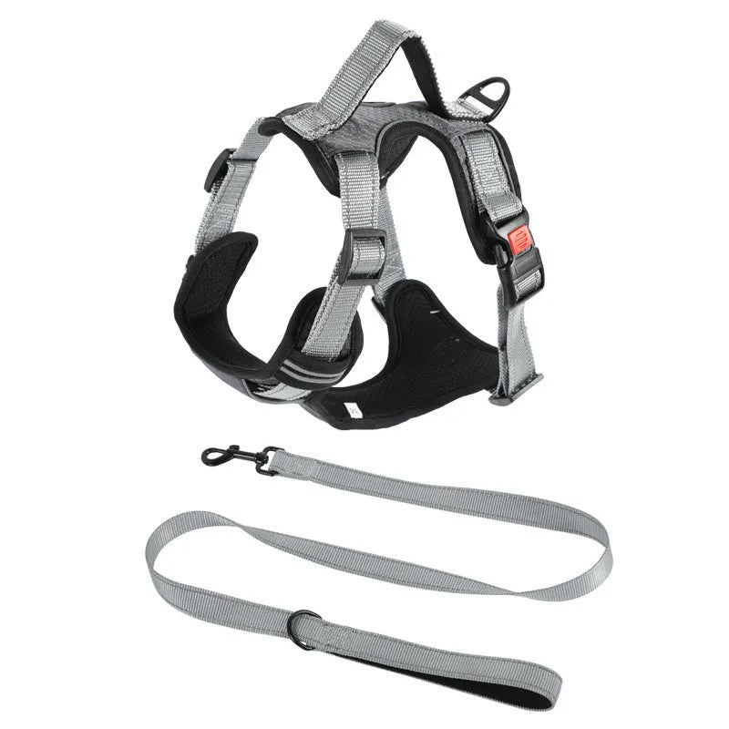 Orange polyester dog chest strap harness with an adjustable hand holding rope attached.