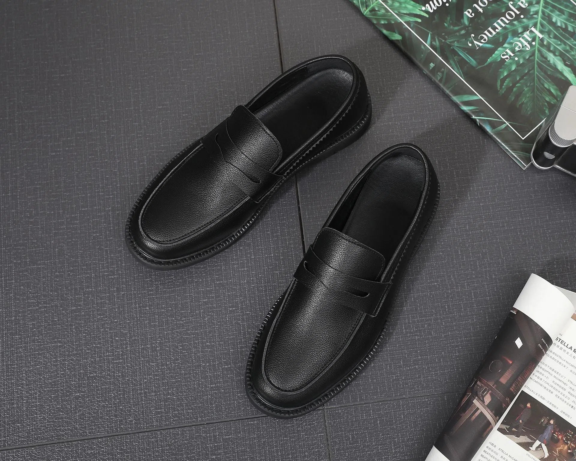Men's casual slip-on shoes with microfiber upper, rubber sole, black tassel detailing, low top wedge heel