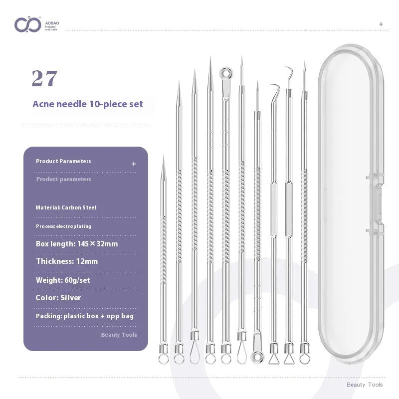 Four metal acne needles with ultra-fine pointed tips on a clean background.