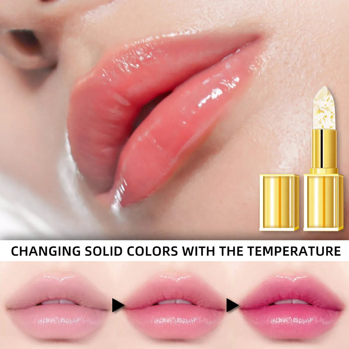 Anti-smudge warm colour-changing lipstick in a standard 3.5g size.